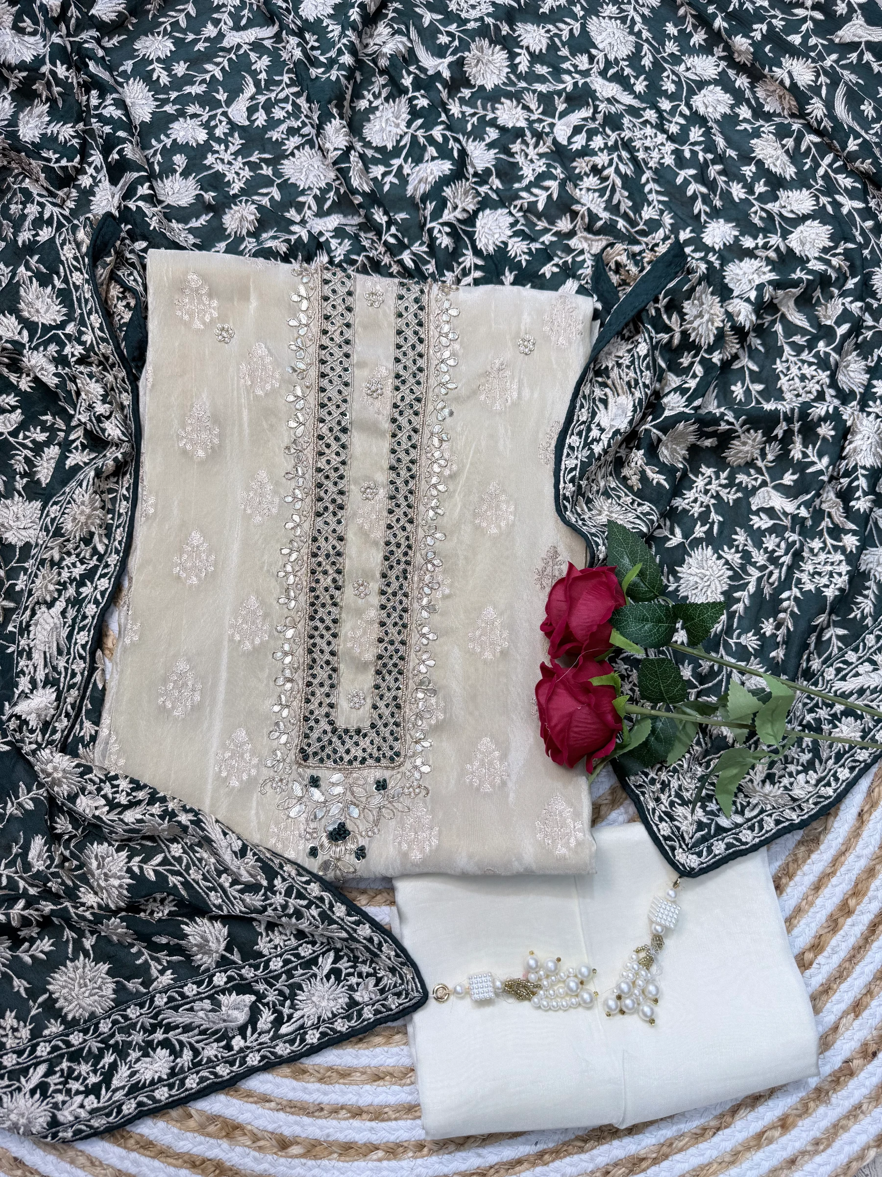 Sage & Emerald Heritage Embroidered Unstitched Suit — Designer Soft Ivory / Off-White (Cream tone) Suit colour | Nari18