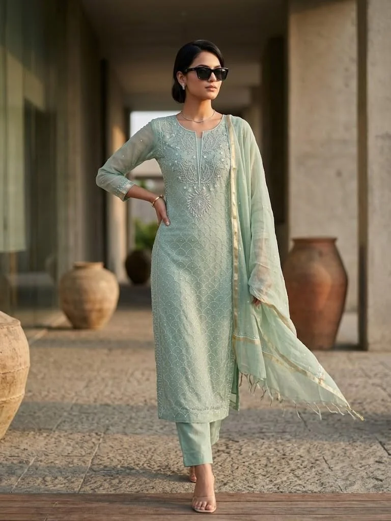 Sage Pearl Embroidered Mul Cotton Unstitched Suit — Sage Pearl Embroidered Mul Cotton Suit — Nari18 Unstitched Suit