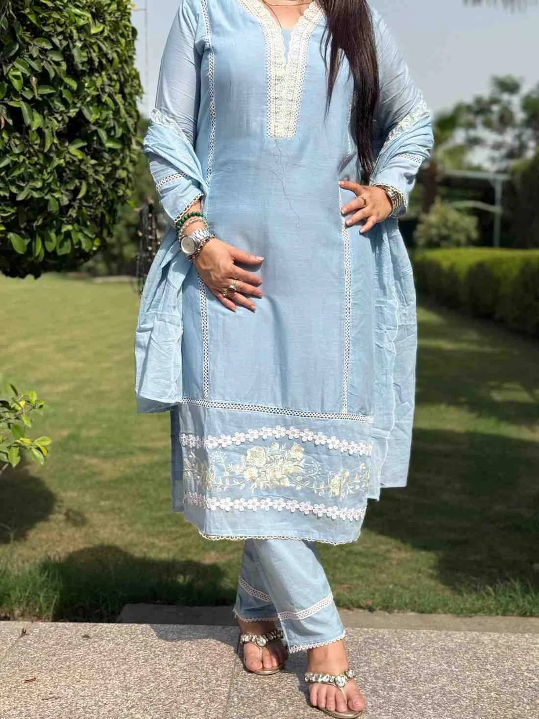 Sky Lace Cotton Unstitched Suit — Sky Lace Cotton Suit — Nari18 Unstitched Suit