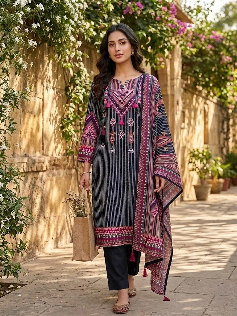 Soft Black Mul Muslin Unstitched Suit — Soft Black Mul Muslin Suit — Nari18 Unstitched Suit