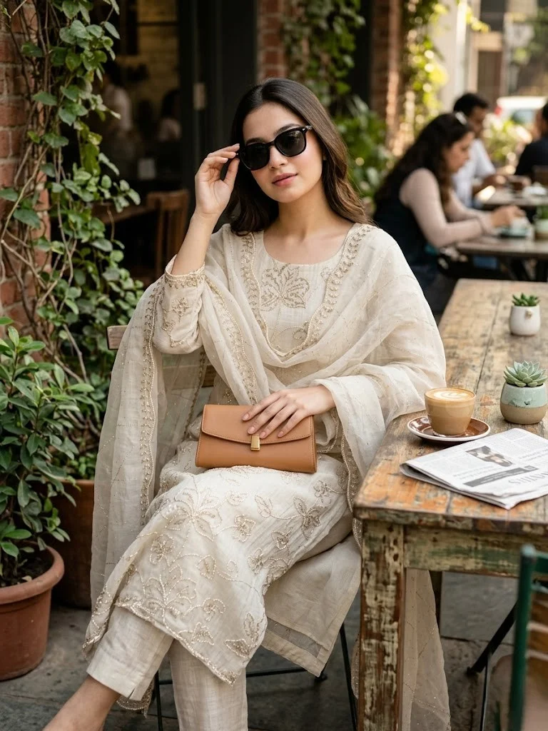 Soft champagne-beige / ivory Siroski Unstitched Suit — Soft champagne-beige / ivory Siroski Suit — Nari18 Unstitched Suit