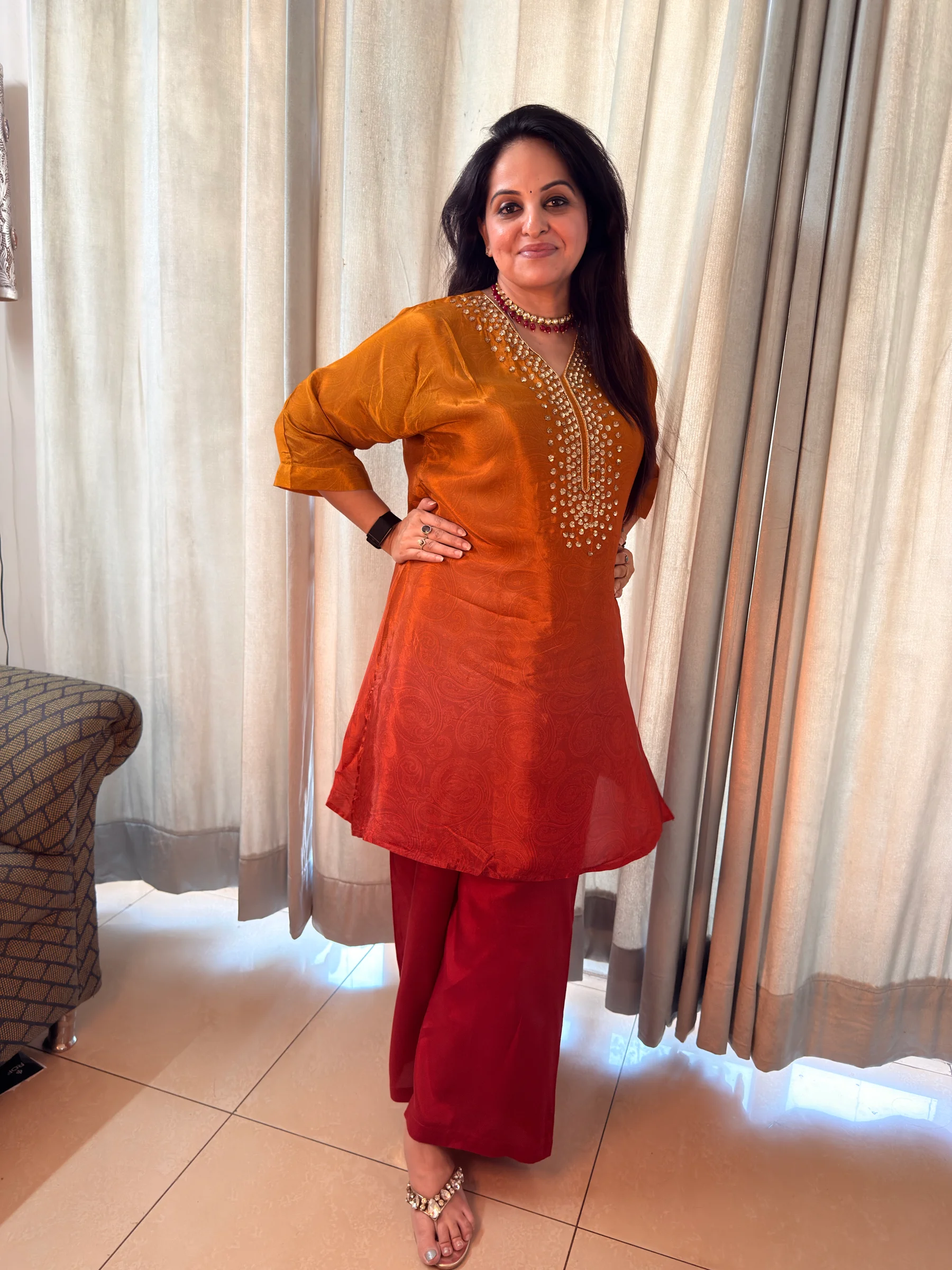 Sunset Orange Hand-Embroidered Crêpe Co-ord Set — Sunset Orange Hand-Embroidered Crêpe Co-ord Set — Nari18 Unstitched Suit